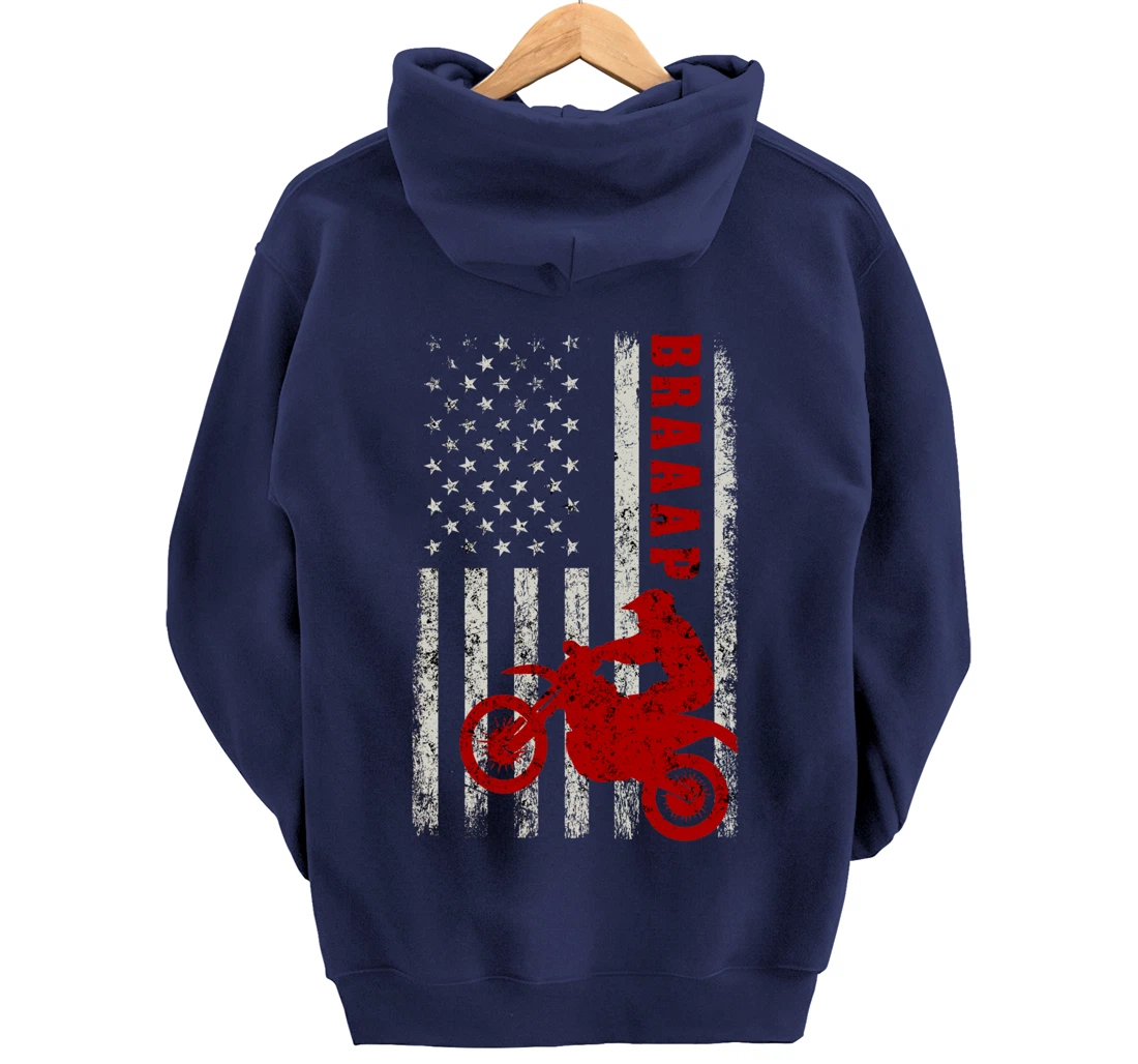 Braaap Vintage USA American Flag Dirt Bike Rider Motocross Pullover Hoodie