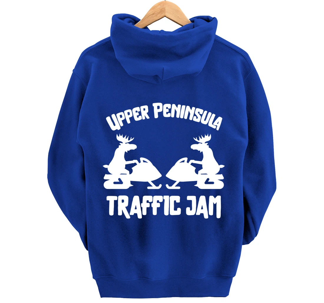 Upper Peninsula Moose Snowmobile Traffic Jam for Yooper Pullover Hoodie