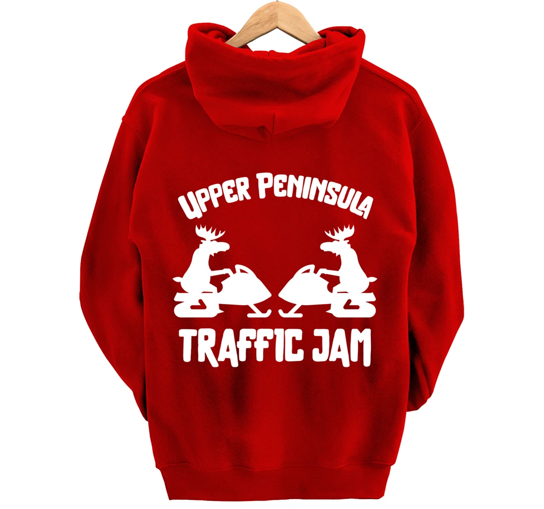 Upper Peninsula Moose Snowmobile Traffic Jam for Yooper Pullover Hoodie
