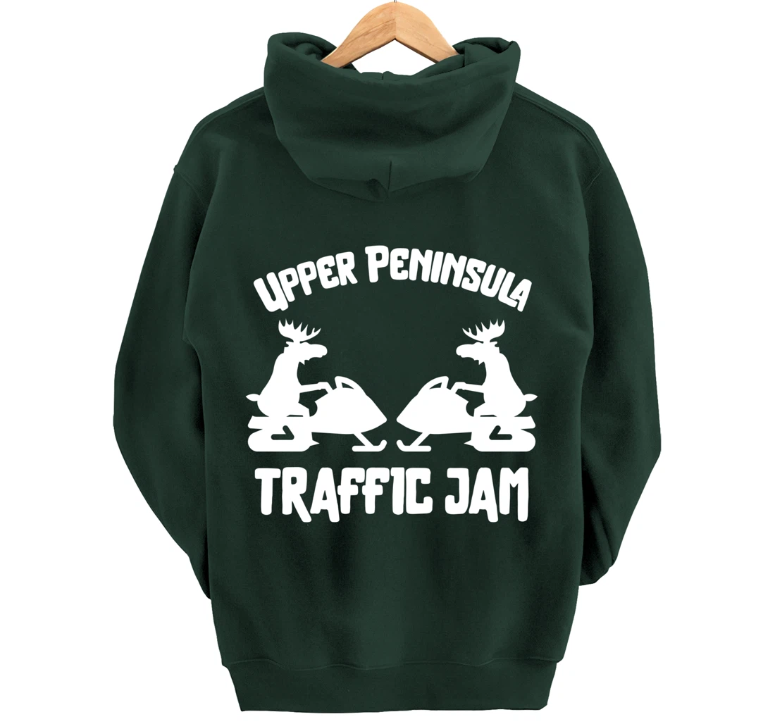 Upper Peninsula Moose Snowmobile Traffic Jam for Yooper Pullover Hoodie