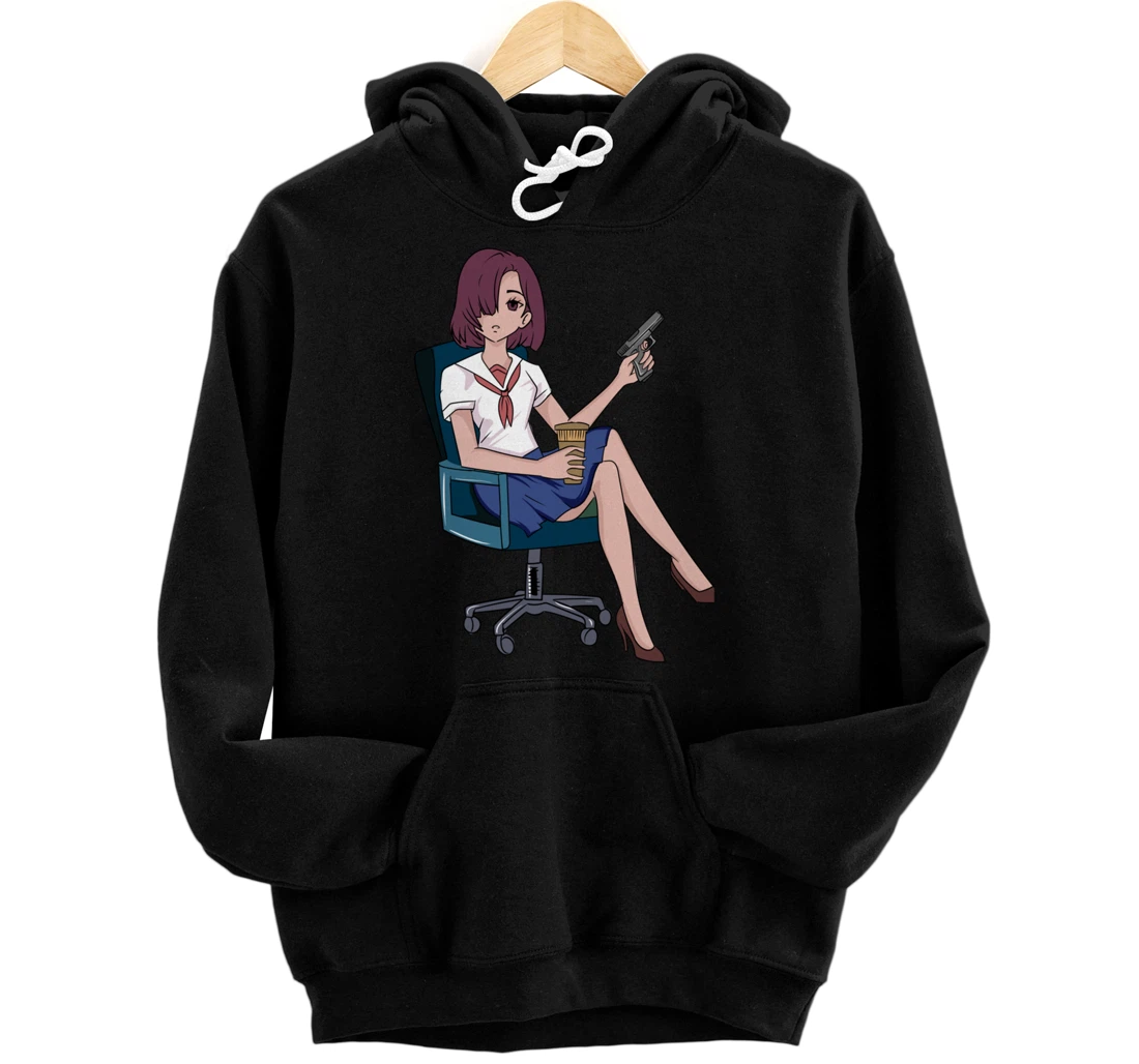 Anime Girl - Office Work - Gun Guns - Japan - Coffee Break Pullover Hoodie