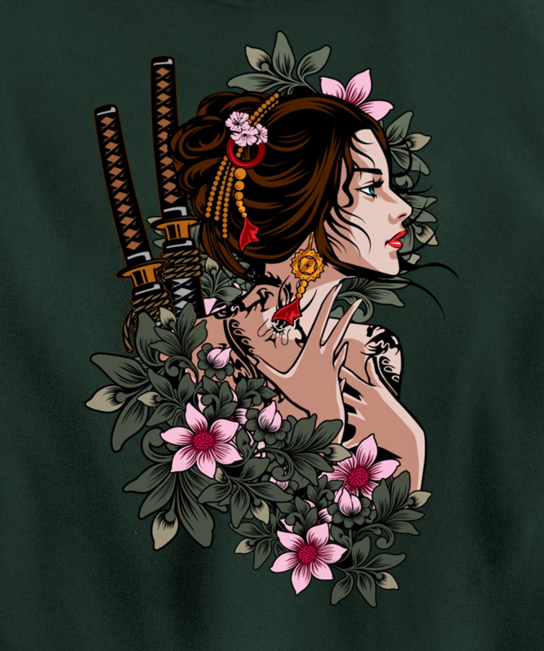 Japanese Geisha Girl Samurai Japan Katana Sakura Floral Pullover Hoodie