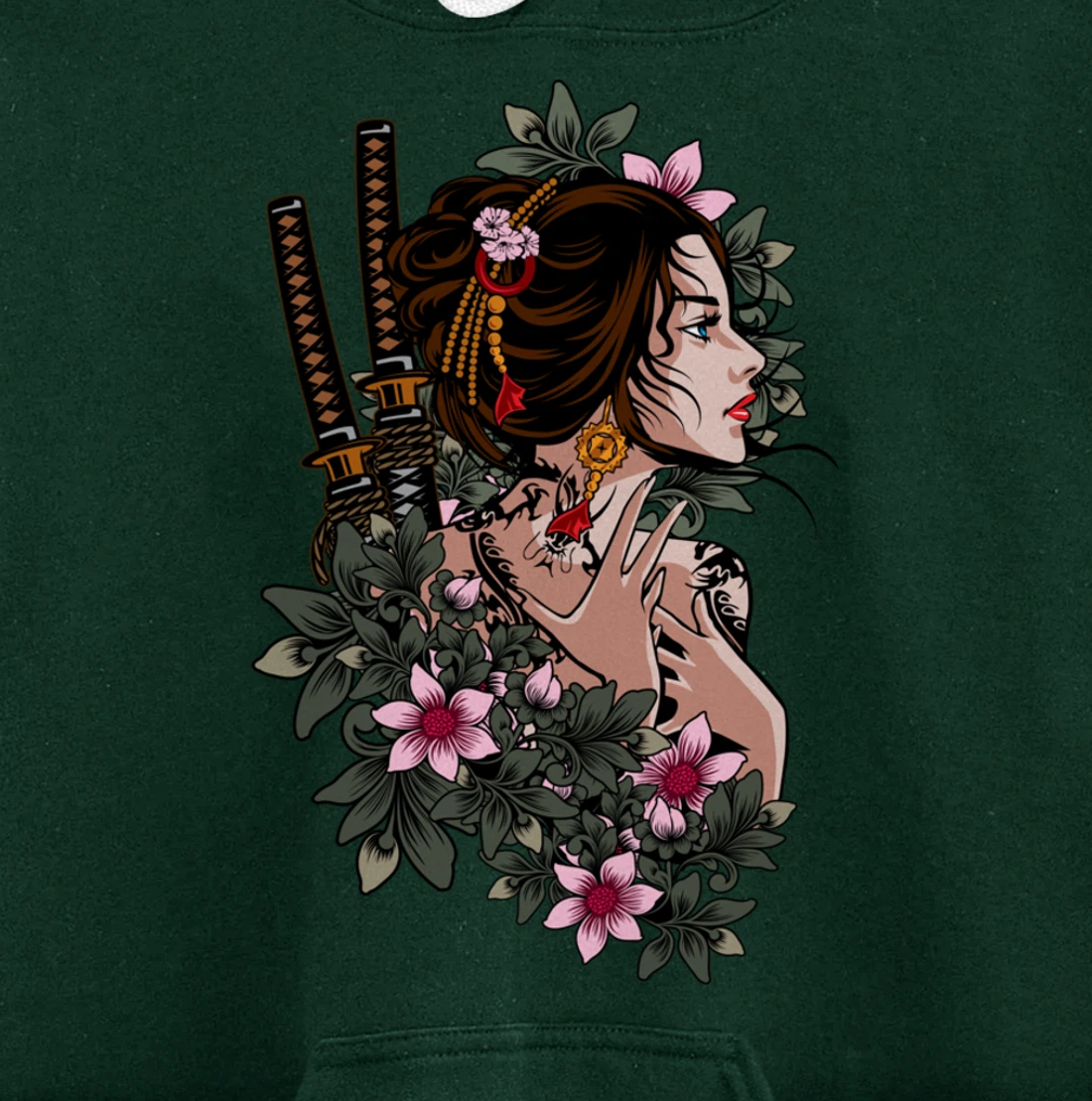 Japanese Geisha Girl Samurai Japan Katana Sakura Floral Pullover Hoodie