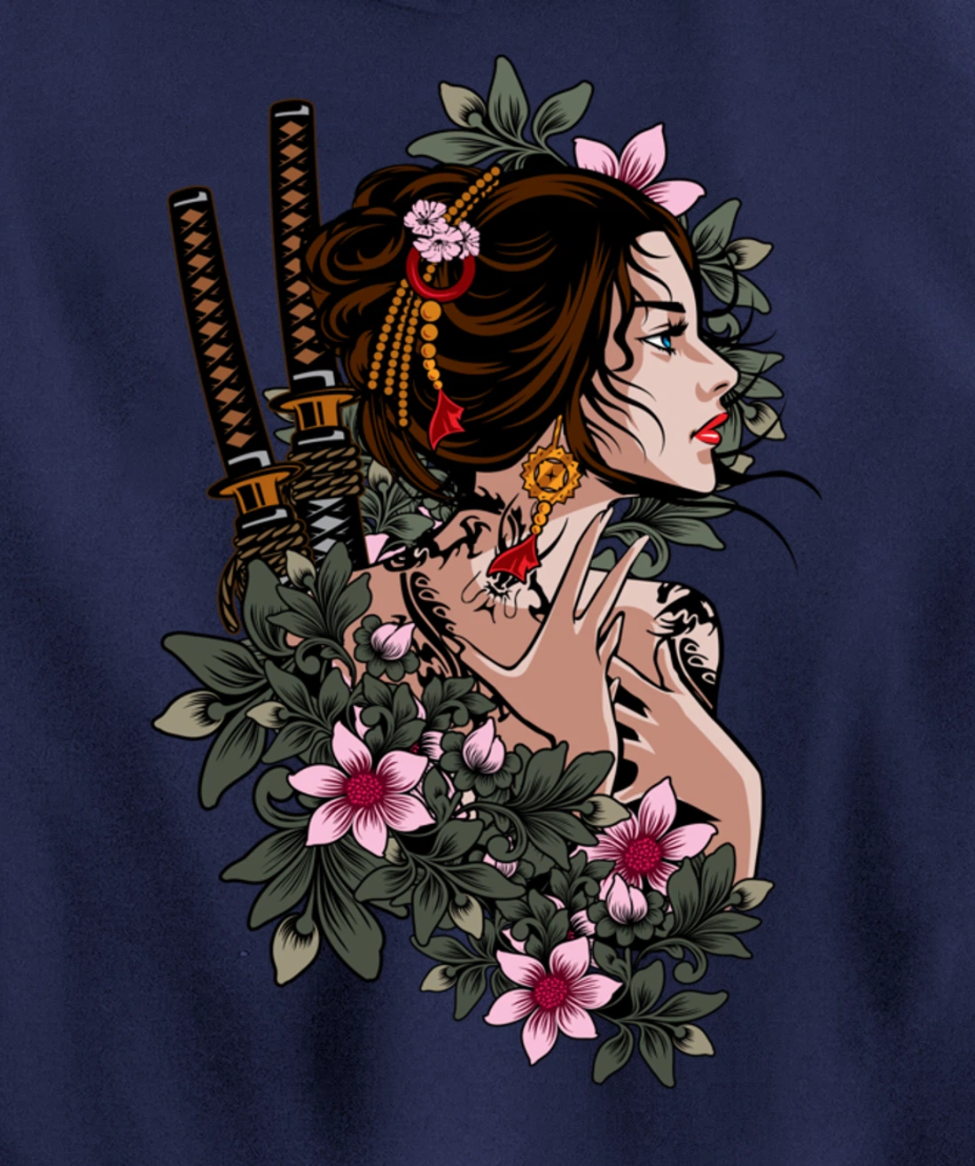 Japanese Geisha Girl Samurai Japan Katana Sakura Floral Pullover Hoodie