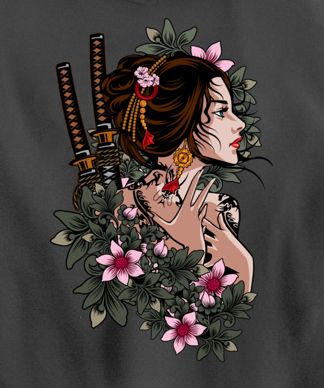 Japanese Geisha Girl Samurai Japan Katana Sakura Floral Pullover Hoodie