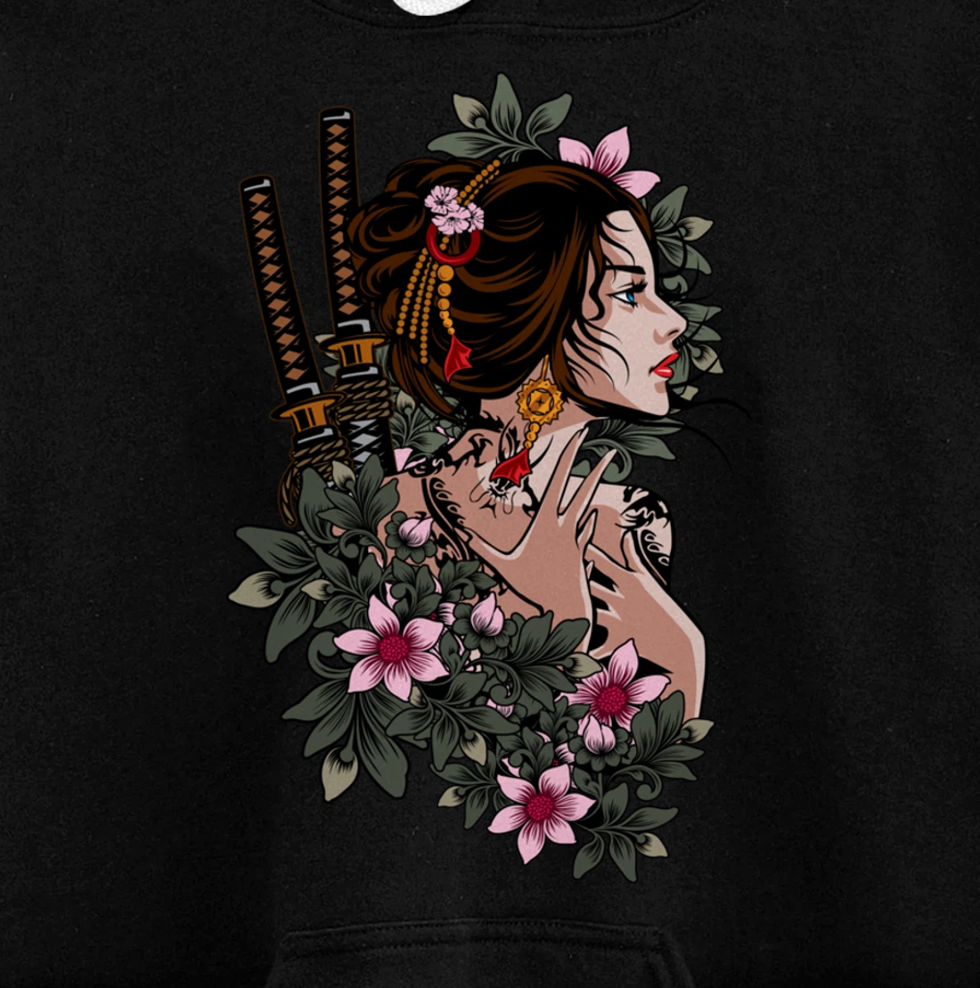 Japanese Geisha Girl Samurai Japan Katana Sakura Floral Pullover Hoodie