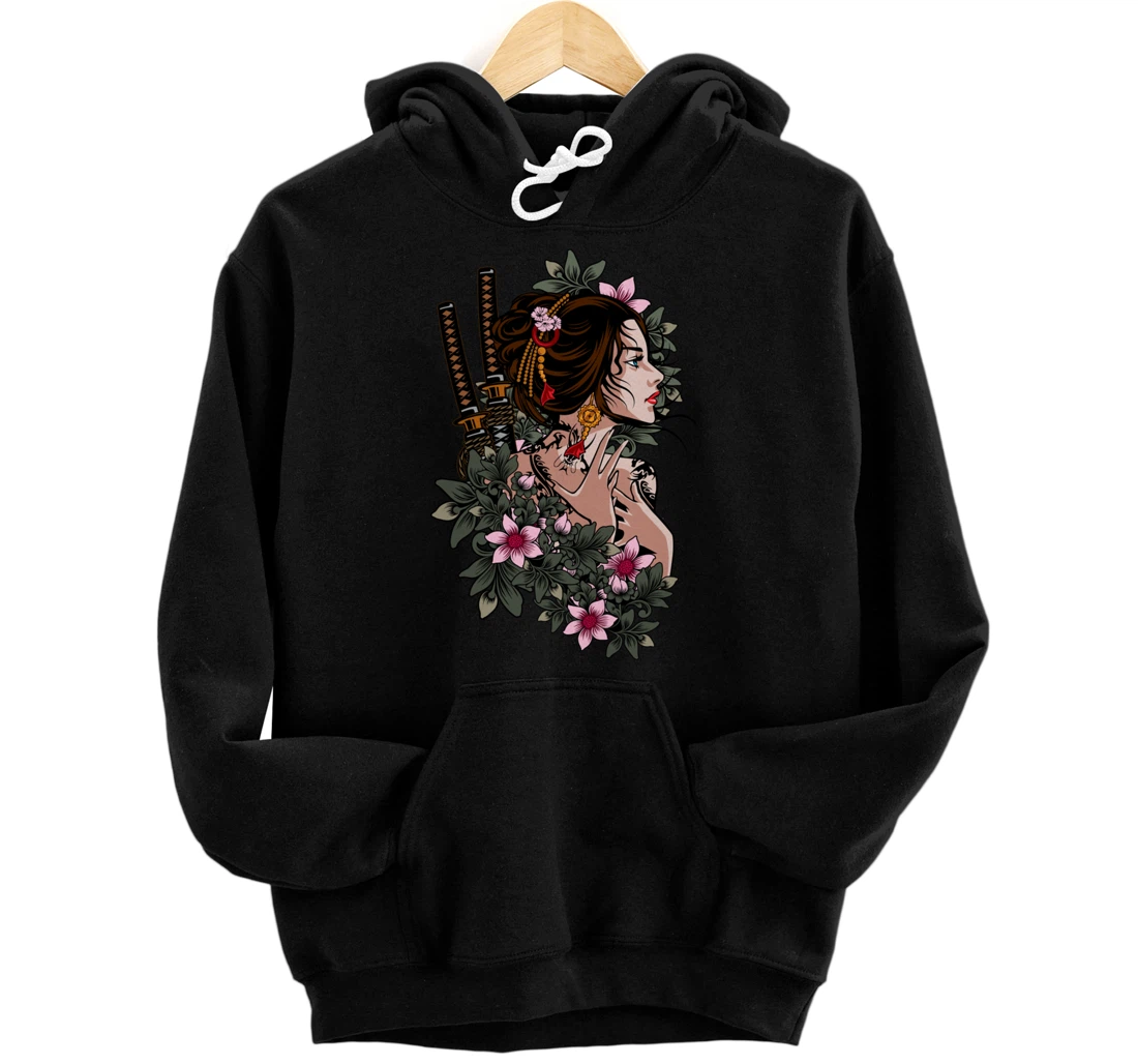 Japanese Geisha Girl Samurai Japan Katana Sakura Floral Pullover Hoodie