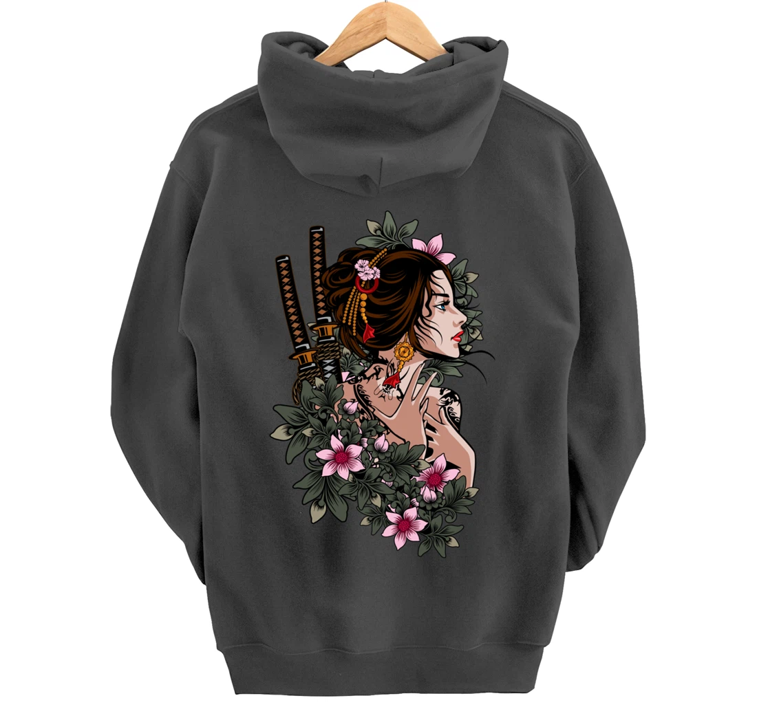 Japanese Geisha Girl Samurai Japan Katana Sakura Floral Pullover Hoodie