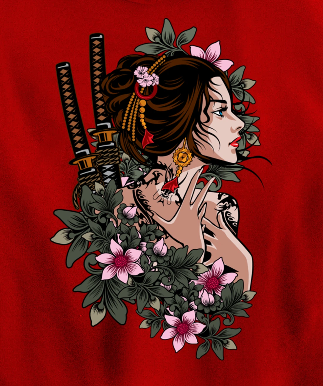 Japanese Geisha Girl Samurai Japan Katana Sakura Floral Pullover Hoodie