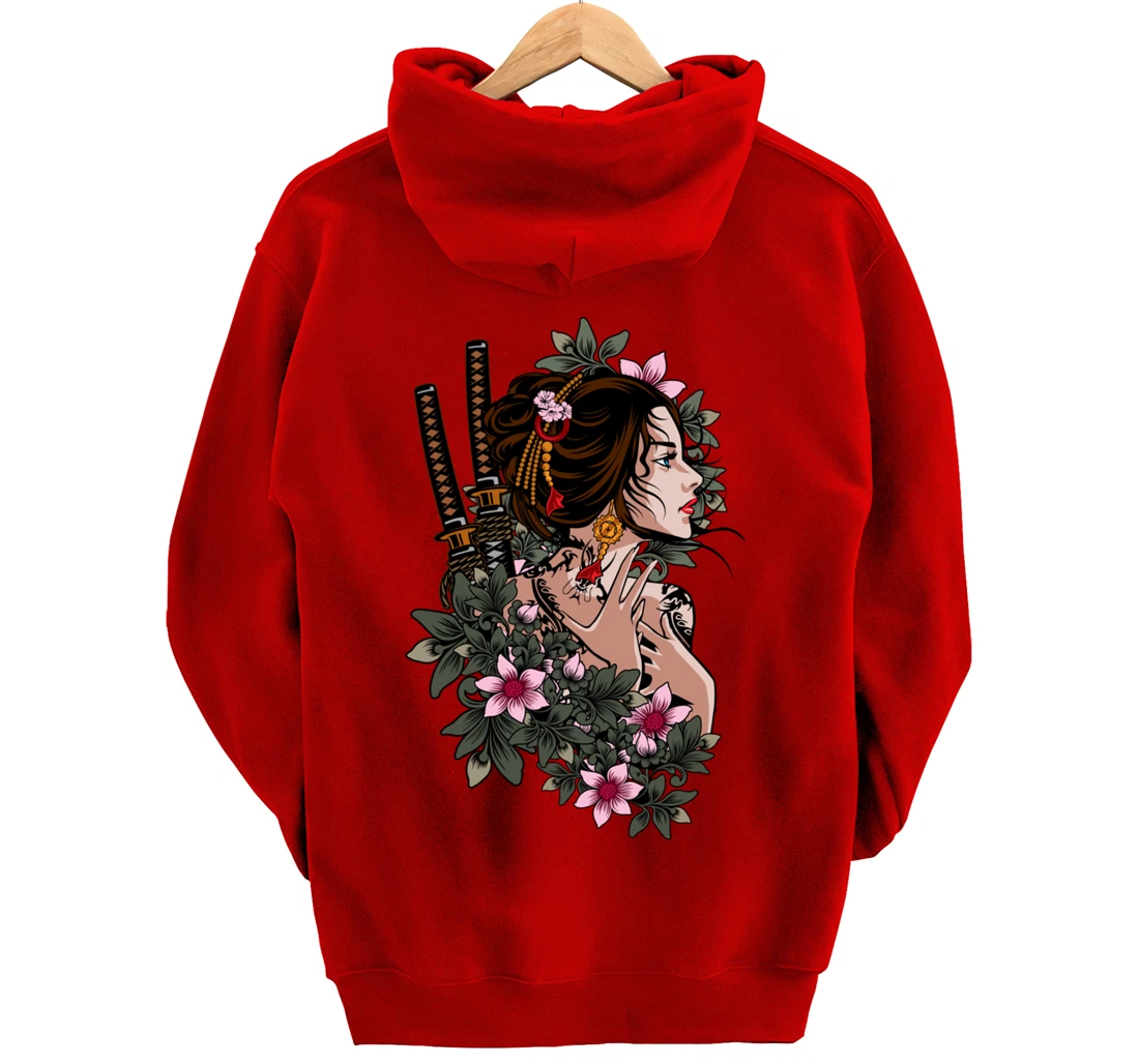 Japanese Geisha Girl Samurai Japan Katana Sakura Floral Pullover Hoodie