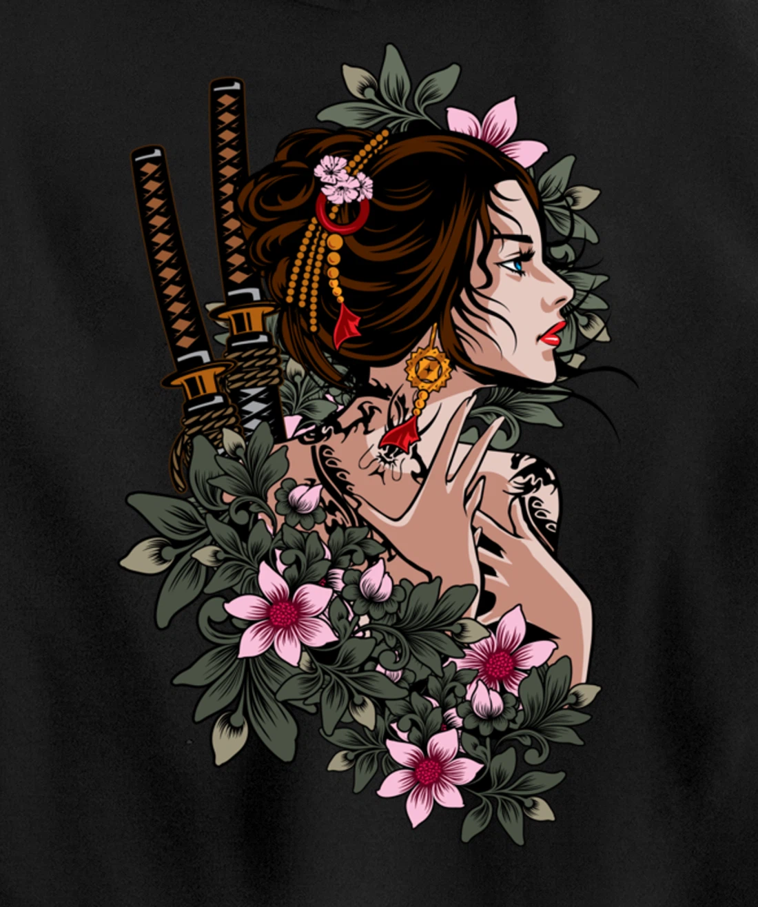 Japanese Geisha Girl Samurai Japan Katana Sakura Floral Pullover Hoodie