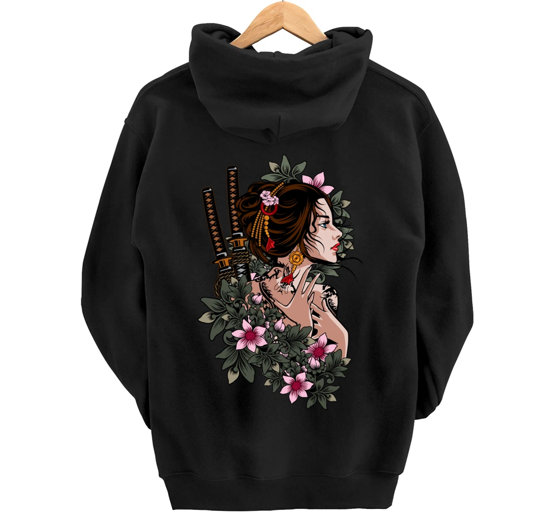 Japanese Geisha Girl Samurai Japan Katana Sakura Floral Pullover Hoodie