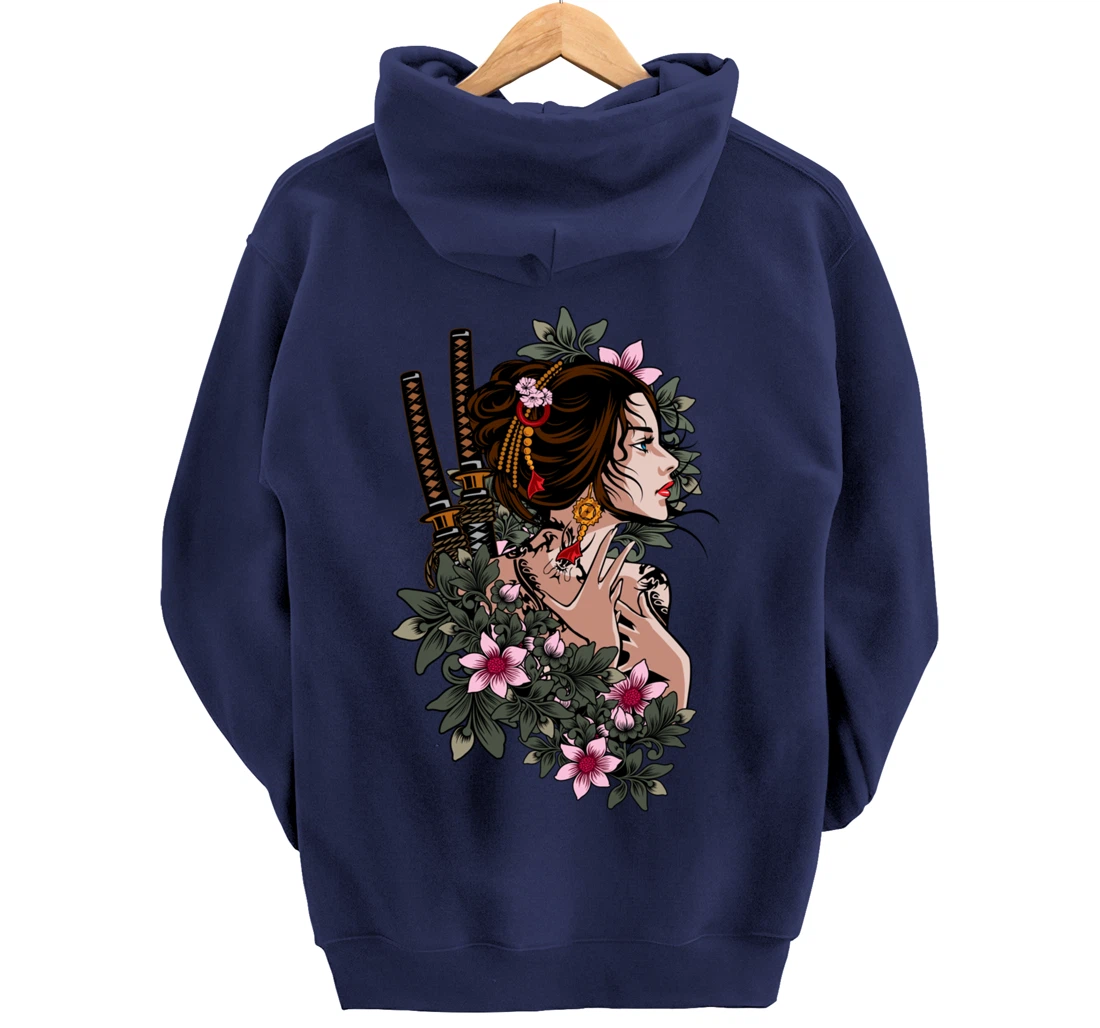 Japanese Geisha Girl Samurai Japan Katana Sakura Floral Pullover Hoodie