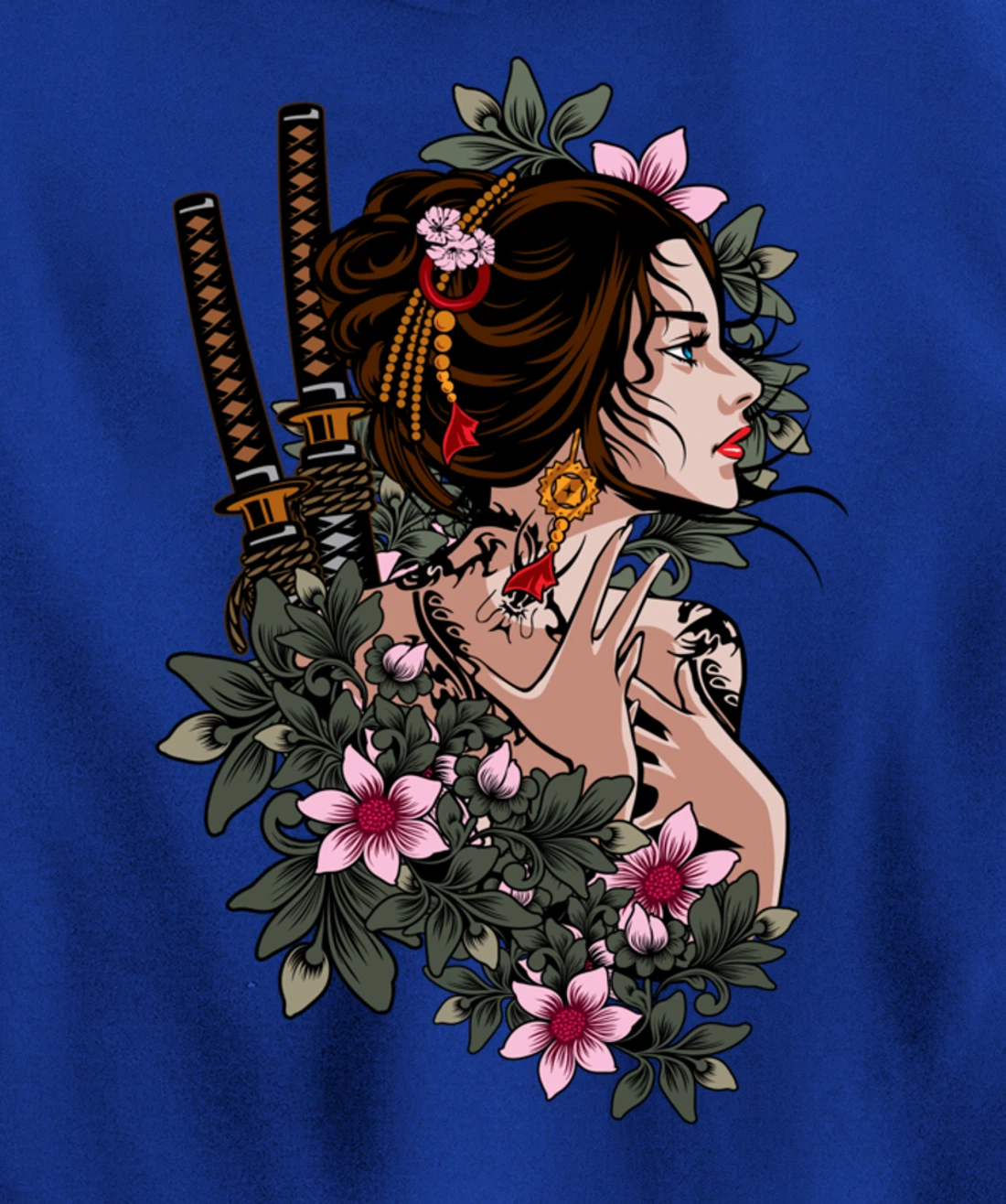 Japanese Geisha Girl Samurai Japan Katana Sakura Floral Pullover Hoodie