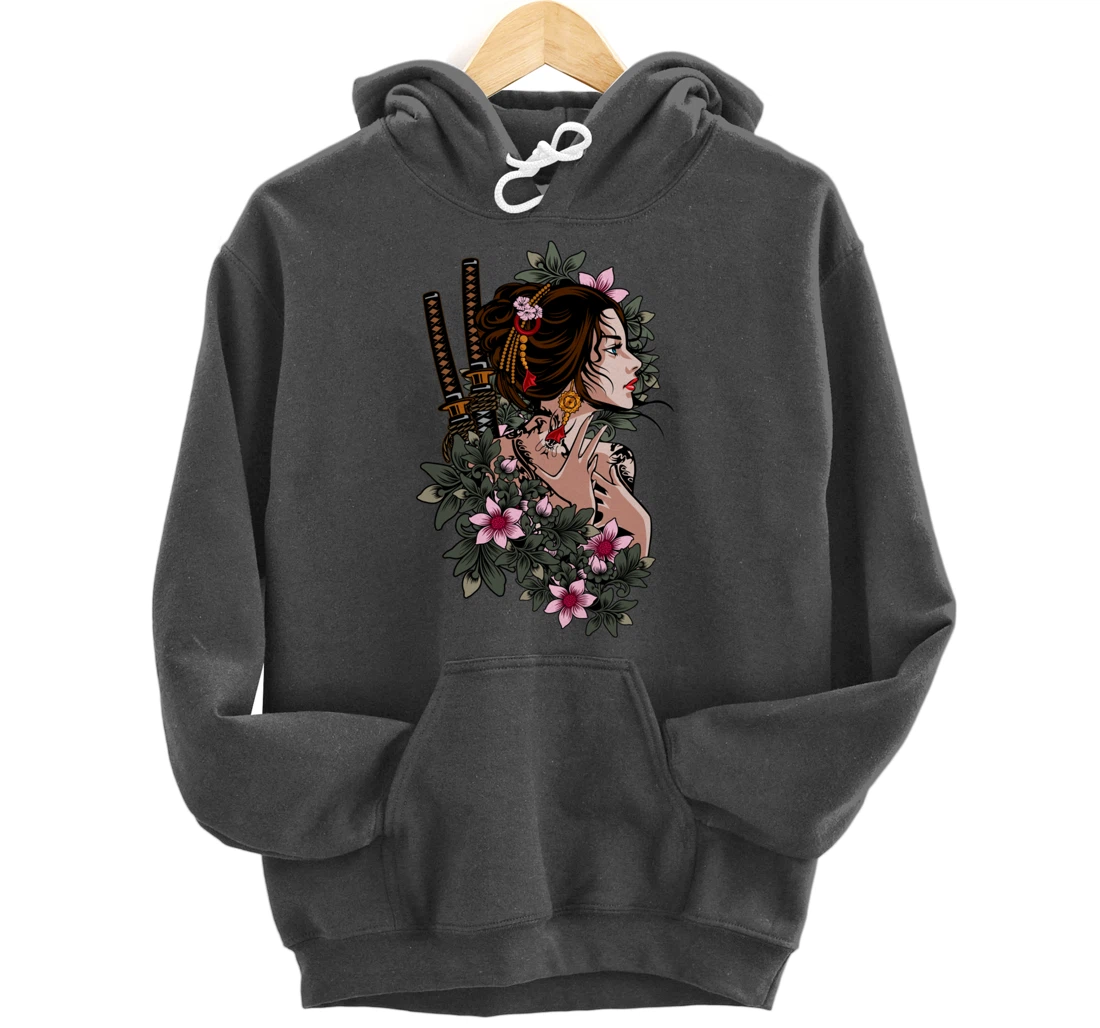Japanese Geisha Girl Samurai Japan Katana Sakura Floral Pullover Hoodie