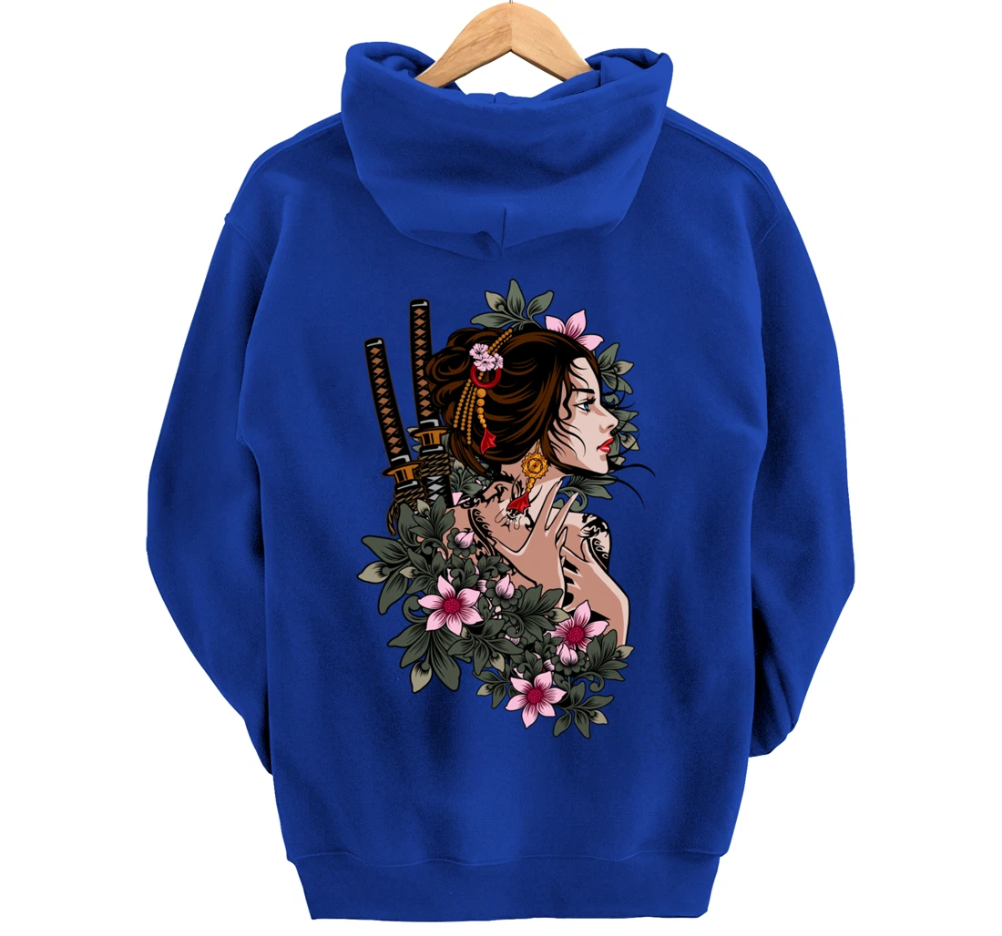 Japanese Geisha Girl Samurai Japan Katana Sakura Floral Pullover Hoodie