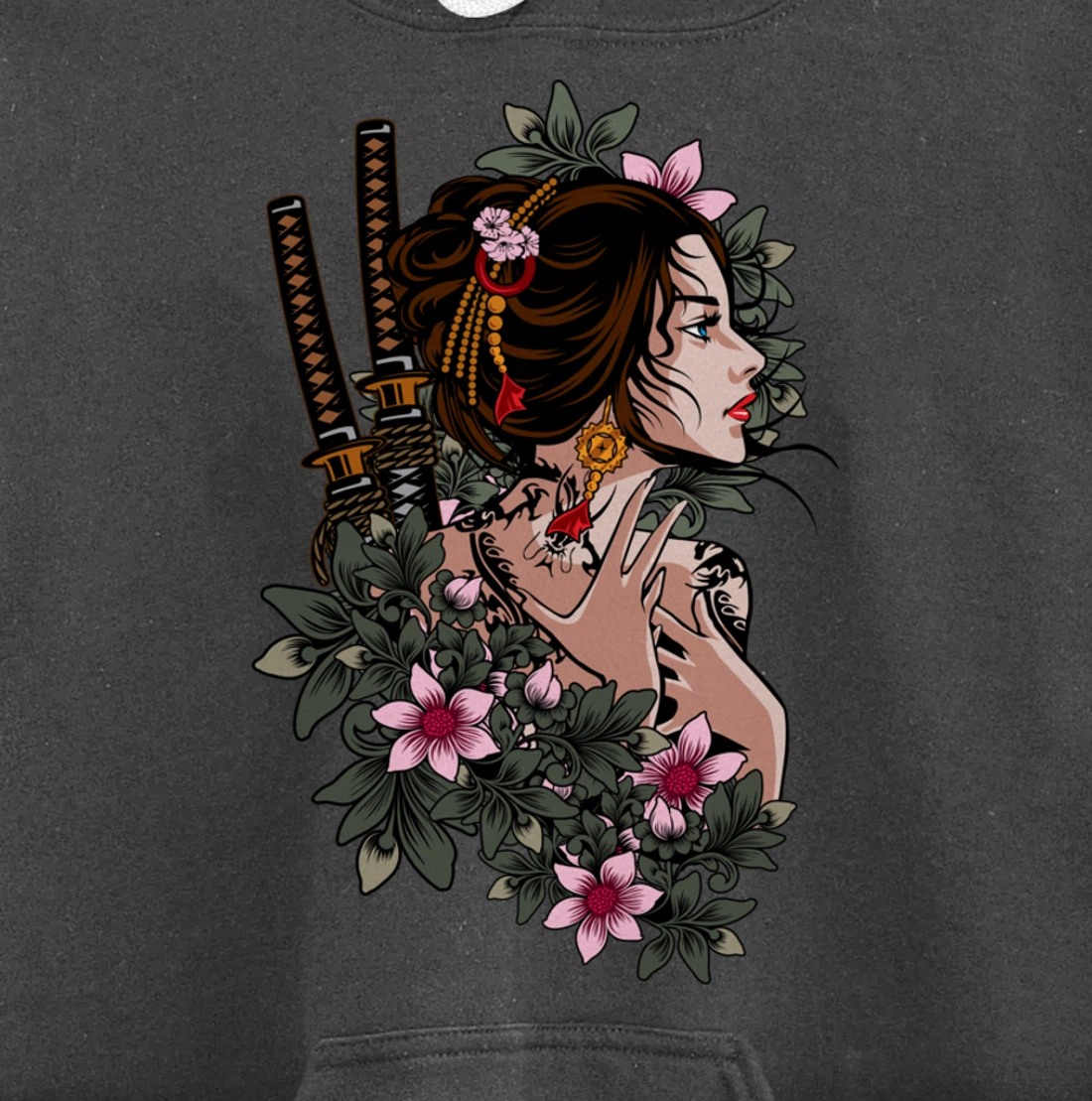 Japanese Geisha Girl Samurai Japan Katana Sakura Floral Pullover Hoodie