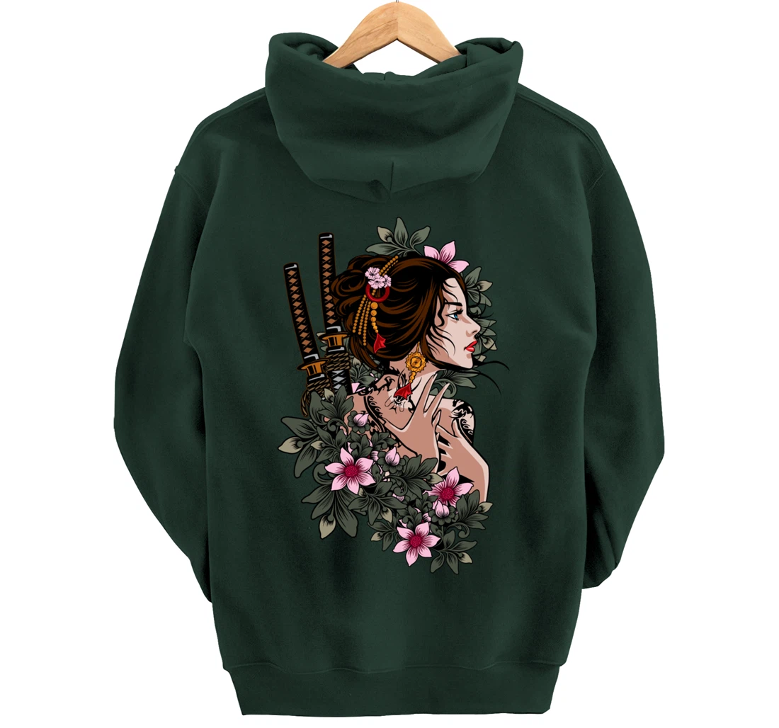 Japanese Geisha Girl Samurai Japan Katana Sakura Floral Pullover Hoodie