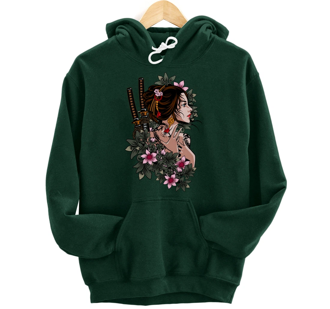 Japanese Geisha Girl Samurai Japan Katana Sakura Floral Pullover Hoodie