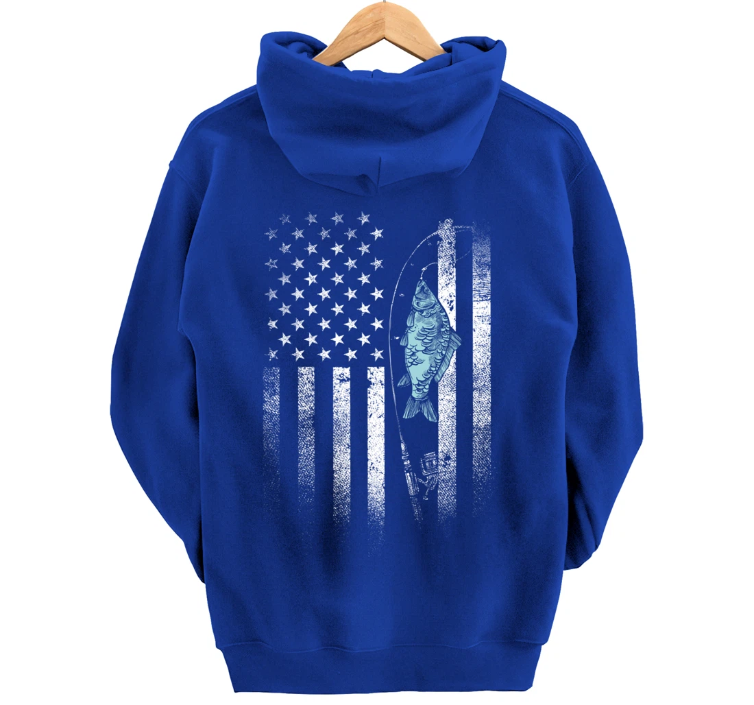 Fish On Hook USA Flag Funny Bass Fishing Gifts Fisherman Pullover Hoodie