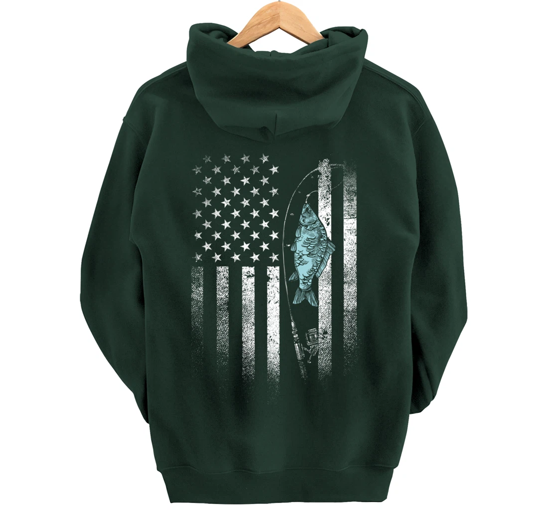 Fish On Hook USA Flag Funny Bass Fishing Gifts Fisherman Pullover Hoodie