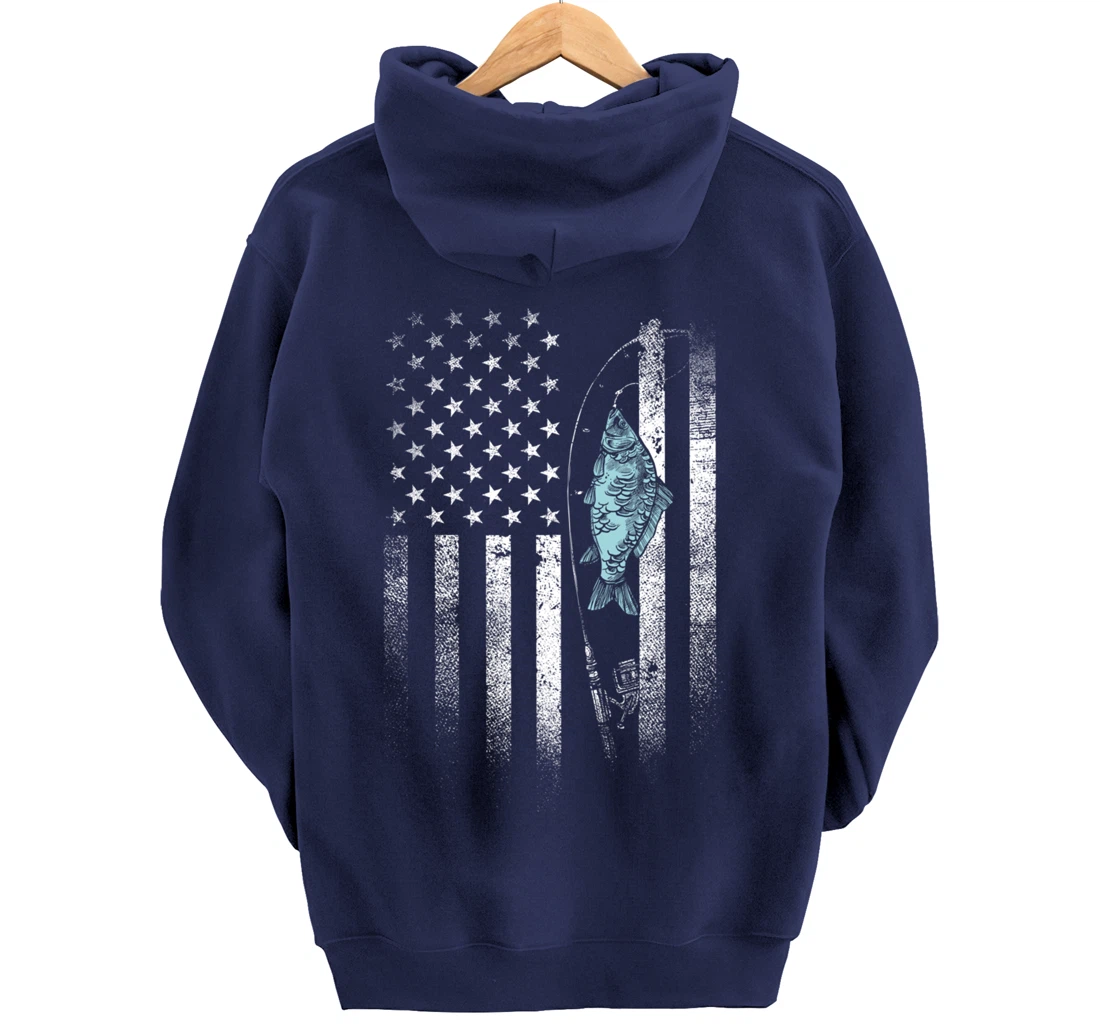 Fish On Hook USA Flag Funny Bass Fishing Gifts Fisherman Pullover Hoodie