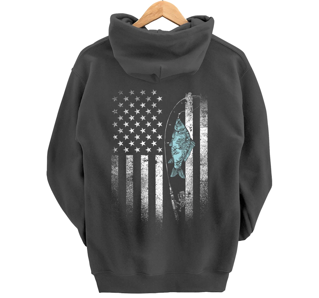 Fish On Hook USA Flag Funny Bass Fishing Gifts Fisherman Pullover Hoodie