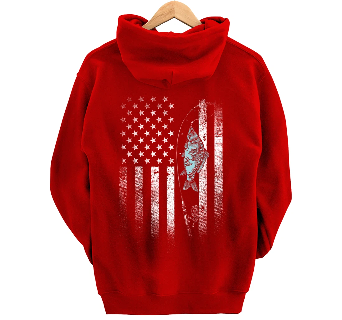 Fish On Hook USA Flag Funny Bass Fishing Gifts Fisherman Pullover Hoodie