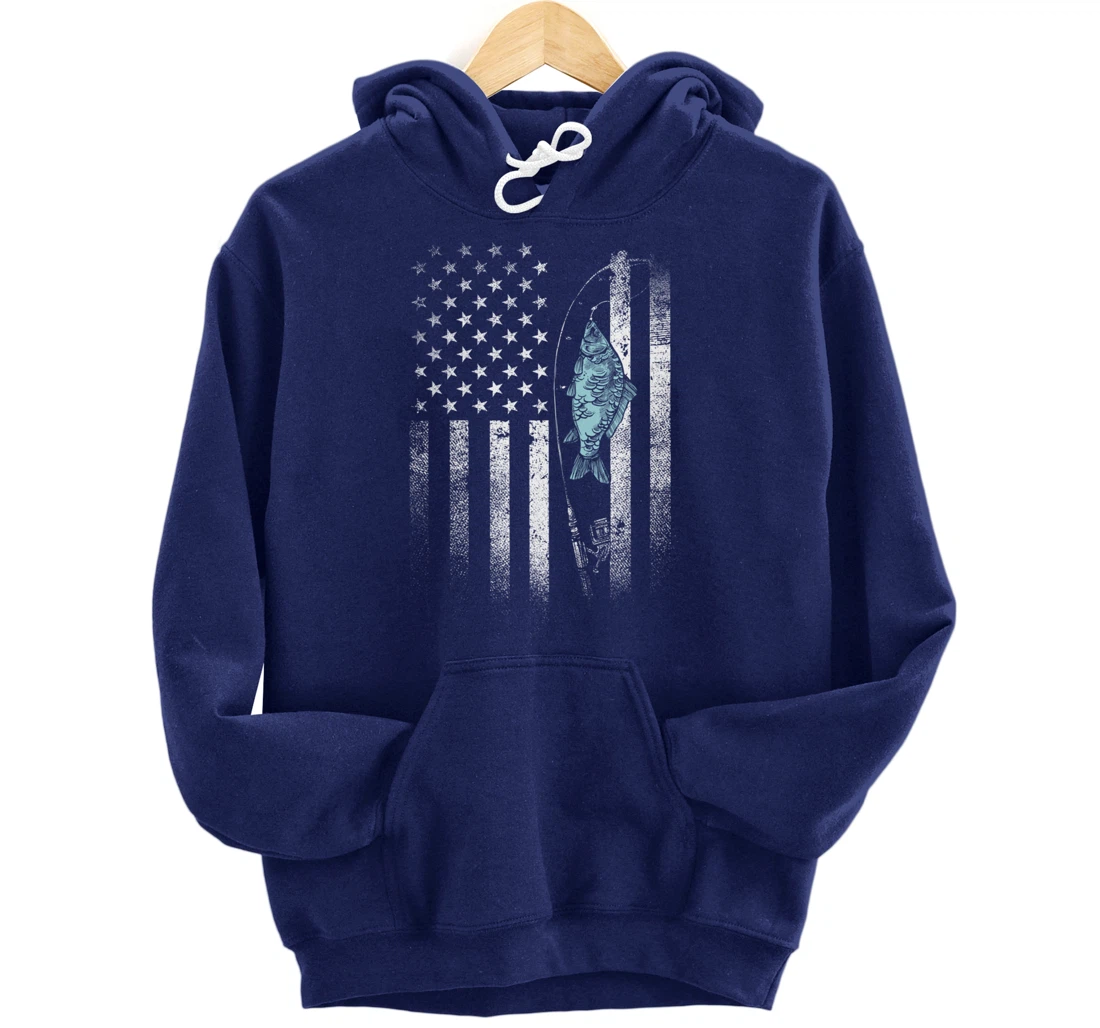 Fish On Hook USA Flag Funny Bass Fishing Gifts Fisherman Pullover Hoodie