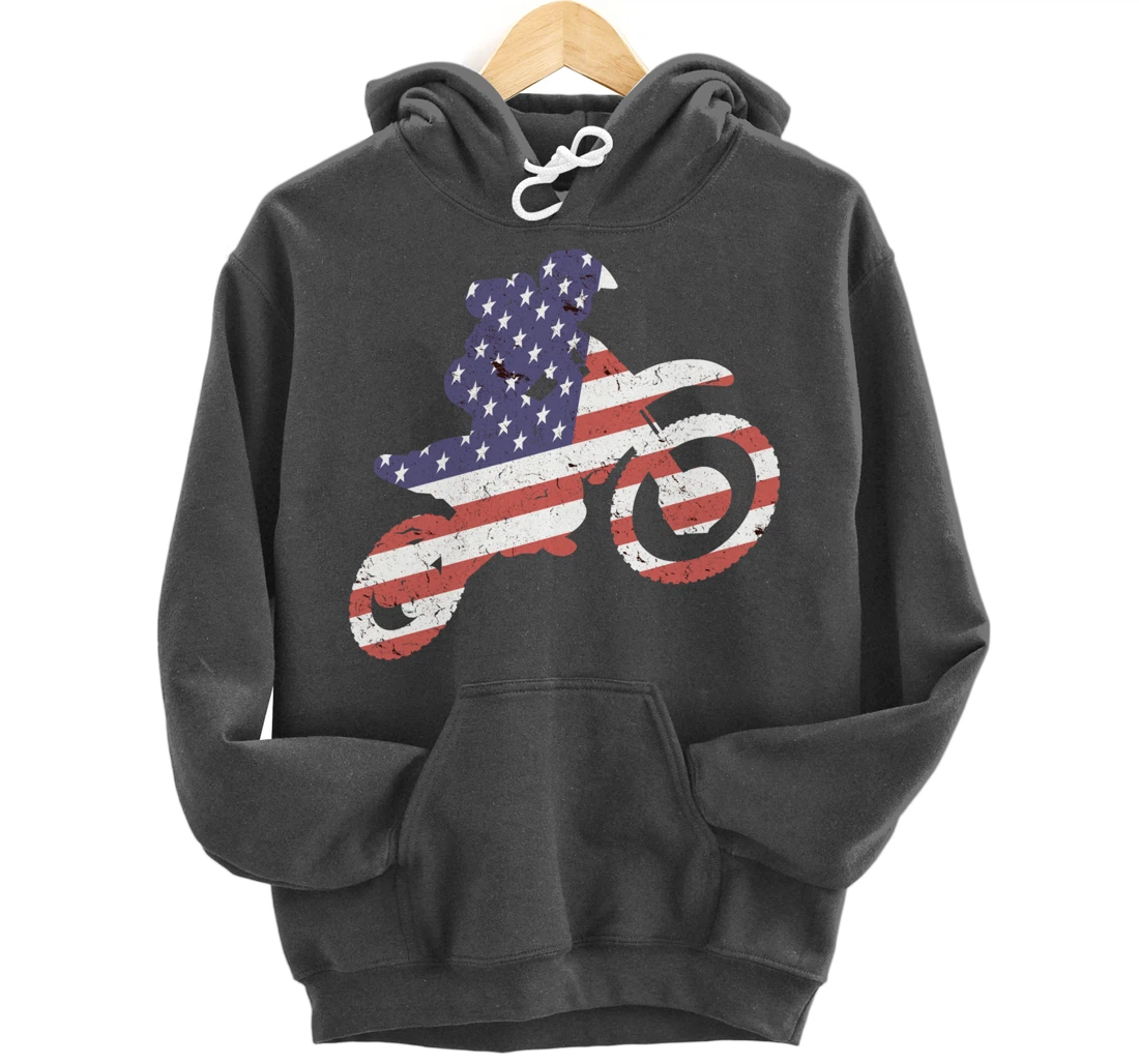 Motocross, Enduro, Dirt Bike, American Flag USA, Biker Gift Pullover Hoodie