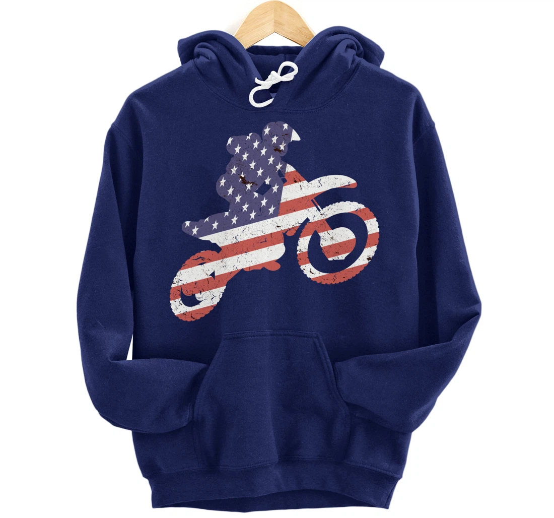 Motocross, Enduro, Dirt Bike, American Flag USA, Biker Gift Pullover Hoodie