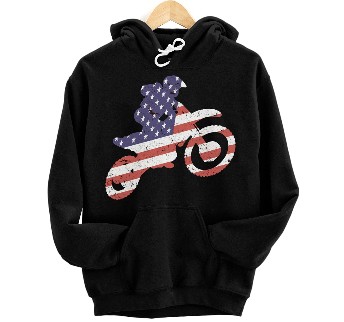Motocross, Enduro, Dirt Bike, American Flag USA, Biker Gift Pullover Hoodie