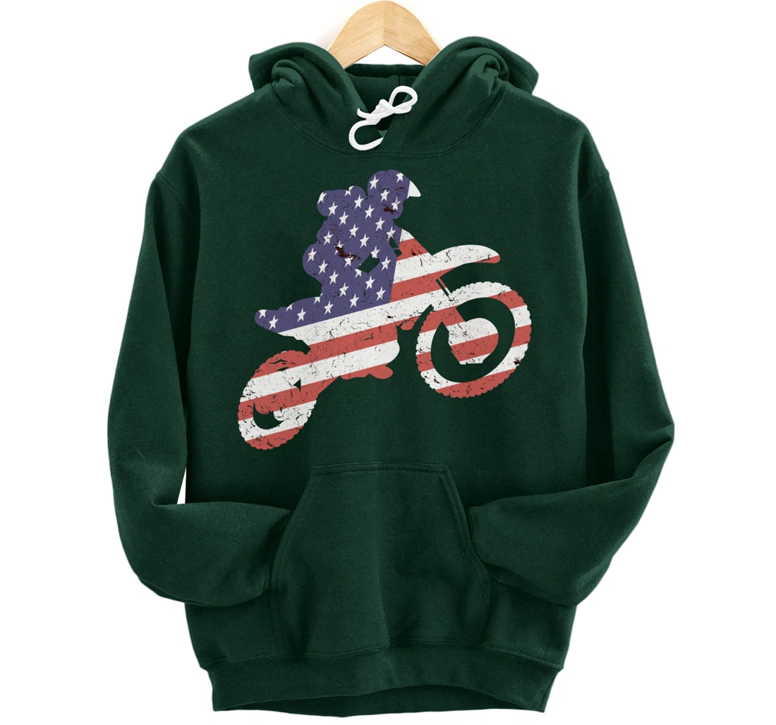 Motocross, Enduro, Dirt Bike, American Flag USA, Biker Gift Pullover Hoodie