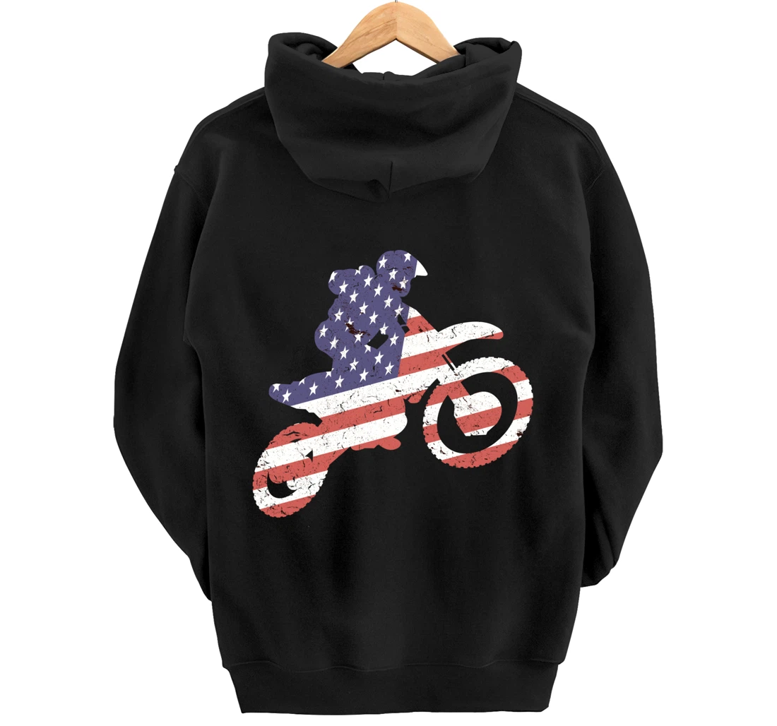 Motocross, Enduro, Dirt Bike, American Flag USA, Biker Gift Pullover Hoodie