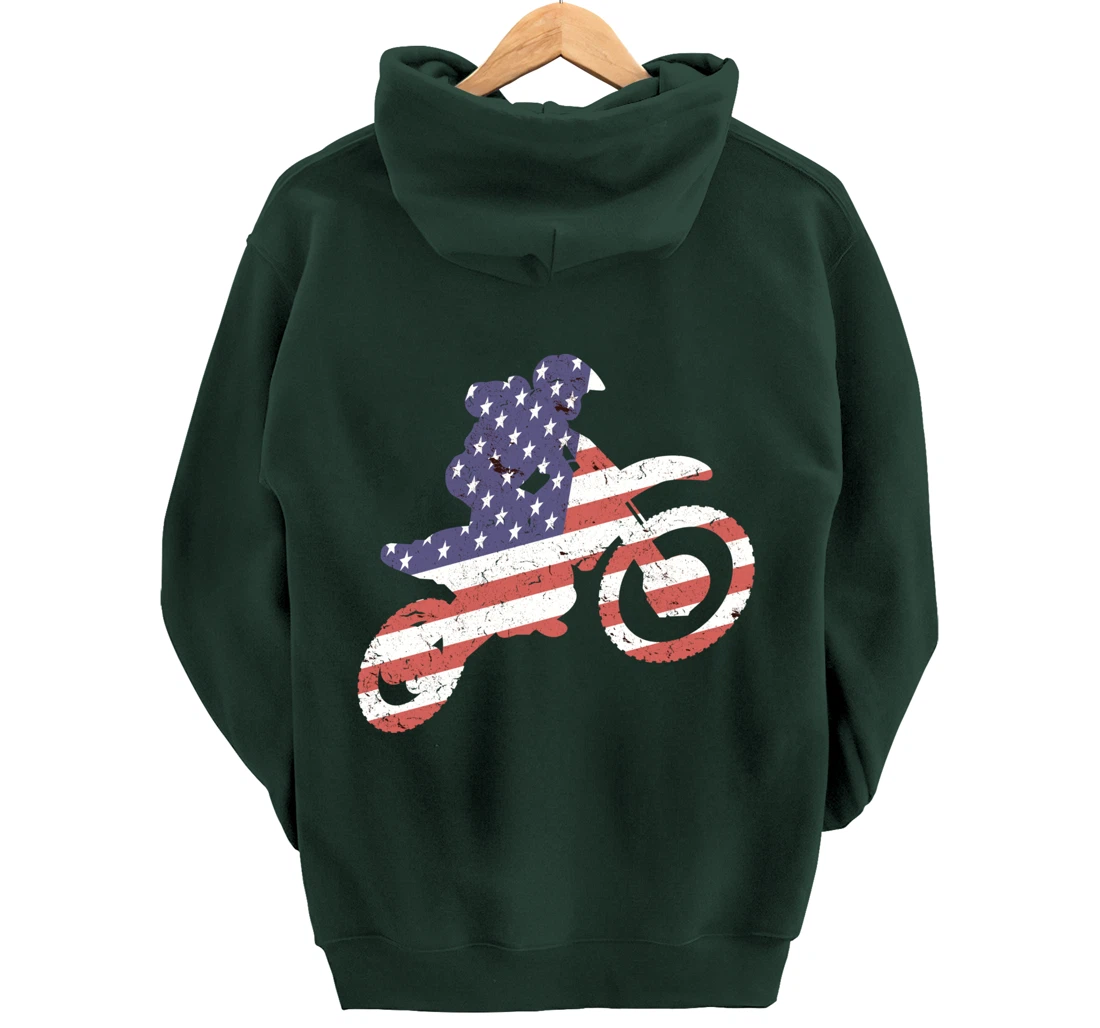 Motocross, Enduro, Dirt Bike, American Flag USA, Biker Gift Pullover Hoodie