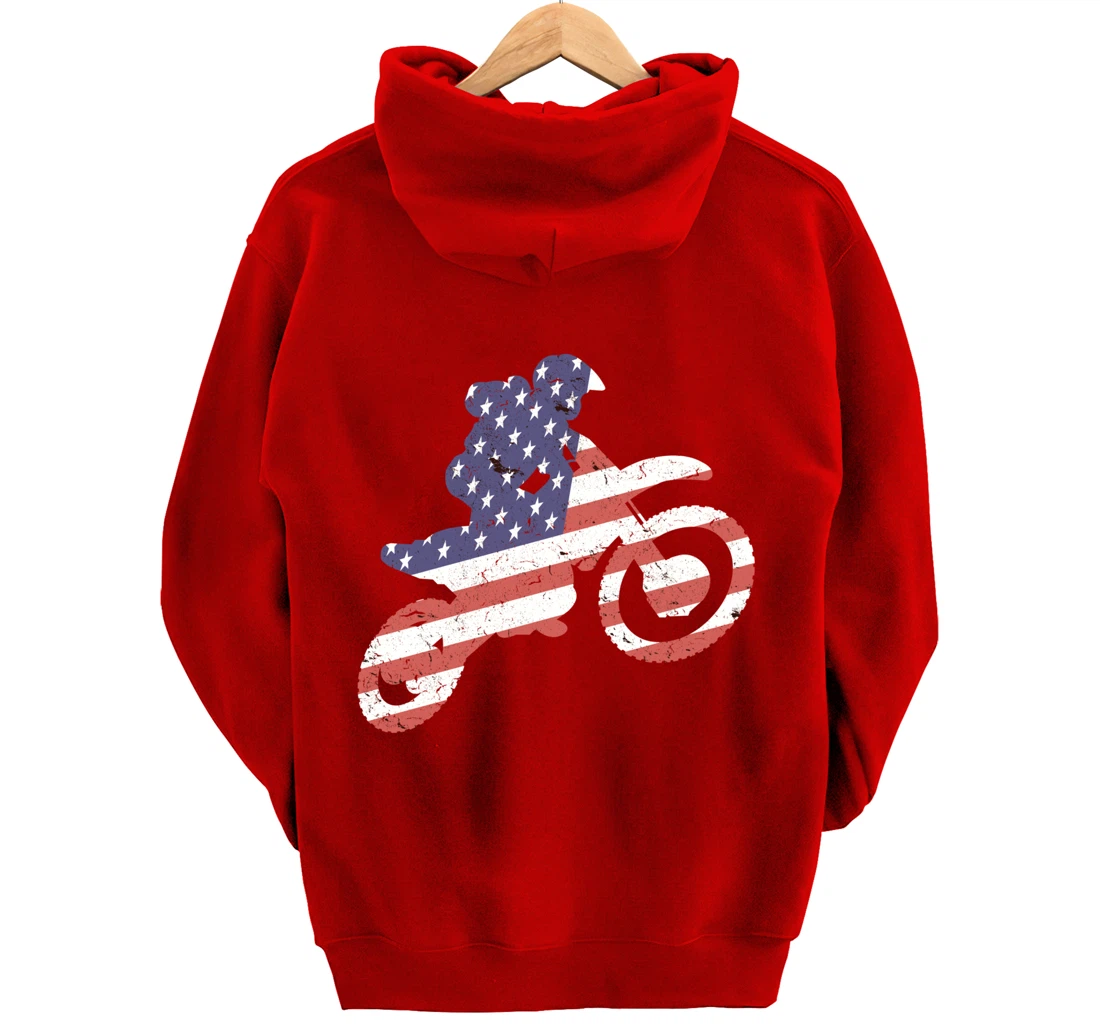 Motocross, Enduro, Dirt Bike, American Flag USA, Biker Gift Pullover Hoodie