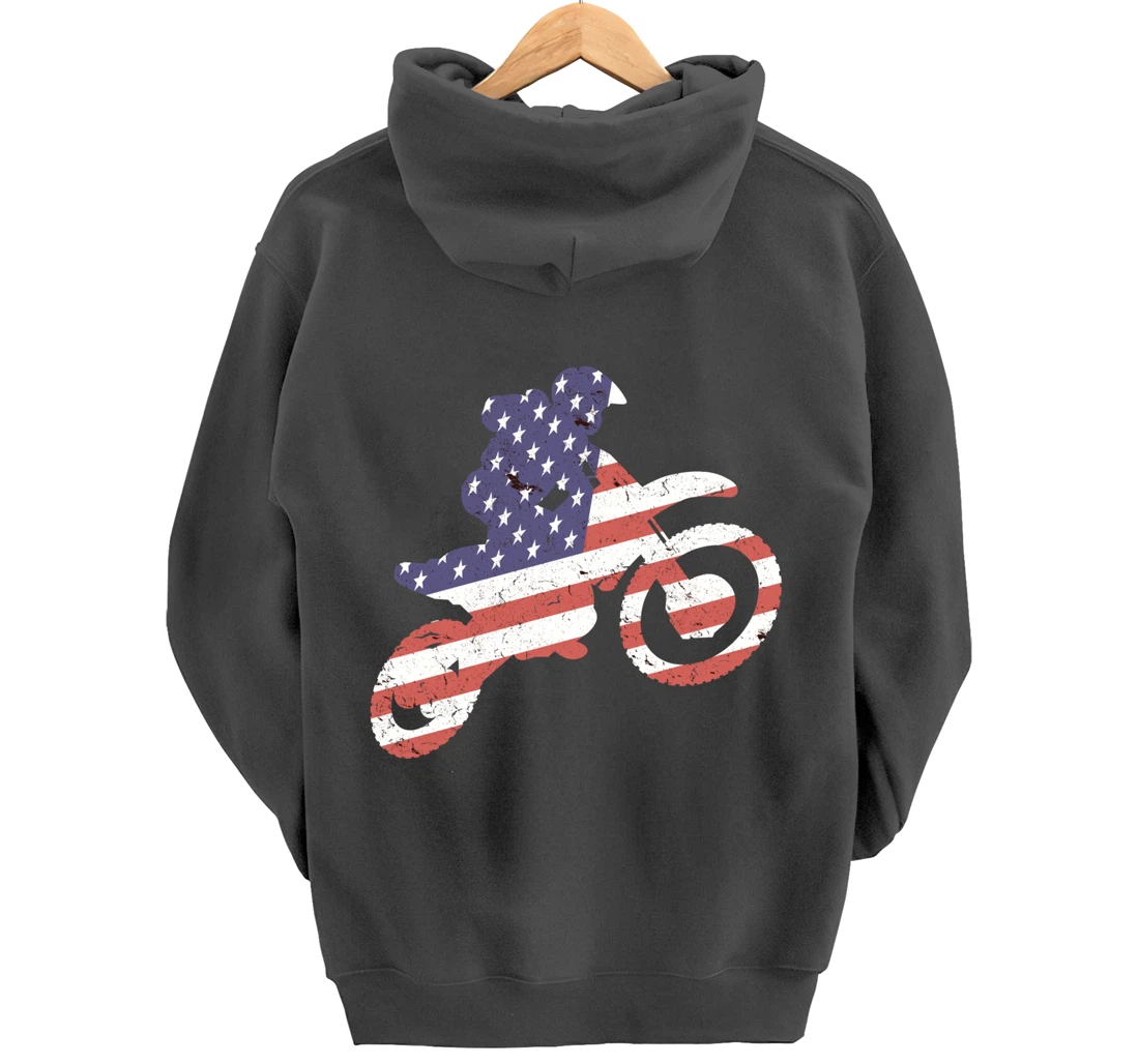 Motocross, Enduro, Dirt Bike, American Flag USA, Biker Gift Pullover Hoodie