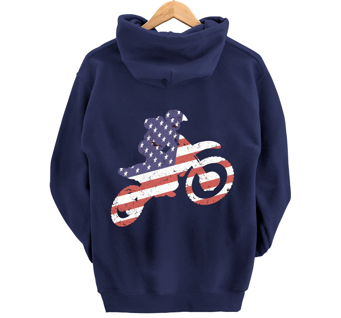 Motocross, Enduro, Dirt Bike, American Flag USA, Biker Gift Pullover Hoodie