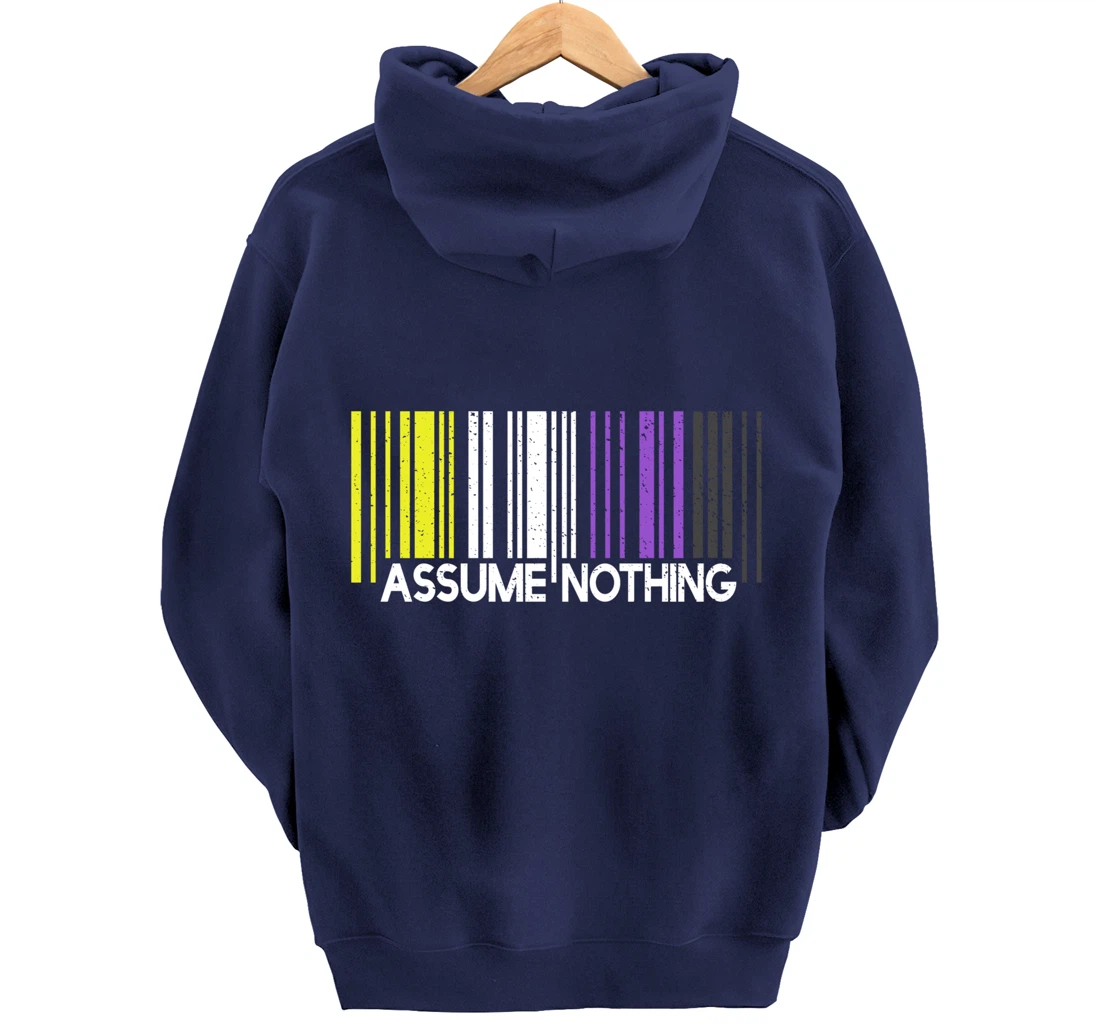 Assume Nothing Nonbinary Flag Barcode Enby Genderqueer LGBT Pullover Hoodie