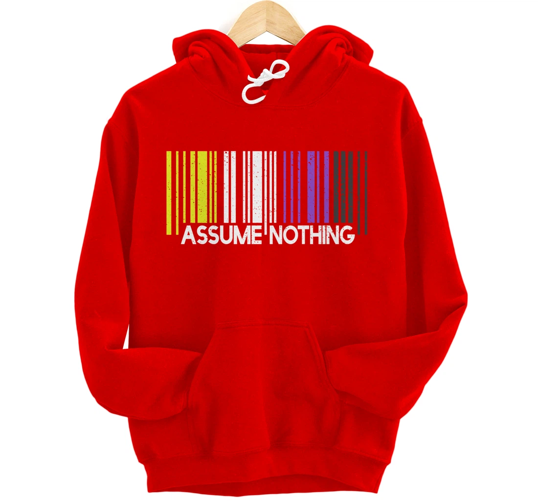 Assume Nothing Nonbinary Flag Barcode Enby Genderqueer LGBT Pullover Hoodie