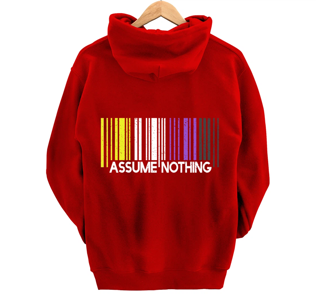 Assume Nothing Nonbinary Flag Barcode Enby Genderqueer LGBT Pullover Hoodie