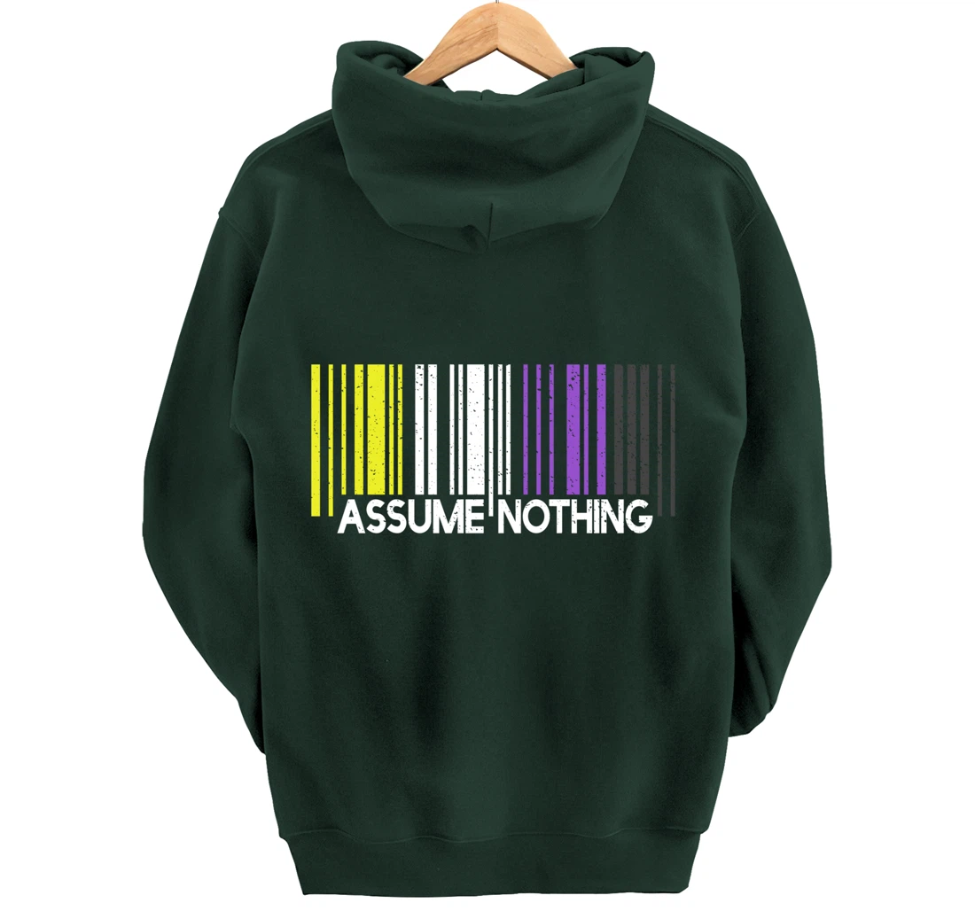 Assume Nothing Nonbinary Flag Barcode Enby Genderqueer LGBT Pullover Hoodie