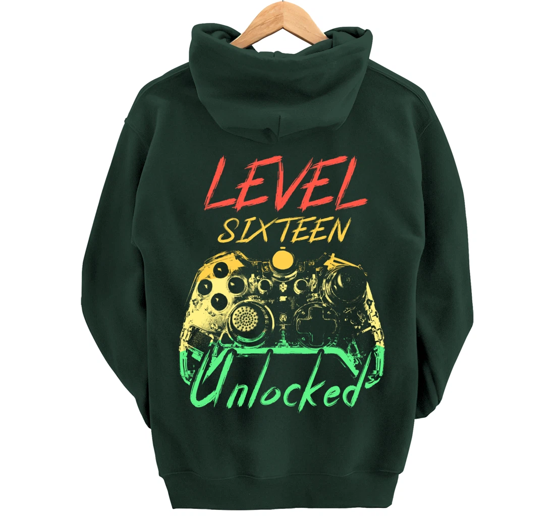 Retro Level 16 Unlocked Awesome Since 2003 16th Bday Gamer Pullover Hoodie