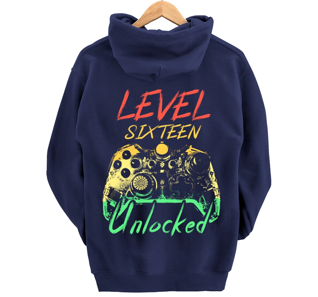 Retro Level 16 Unlocked Awesome Since 2003 16th Bday Gamer Pullover Hoodie