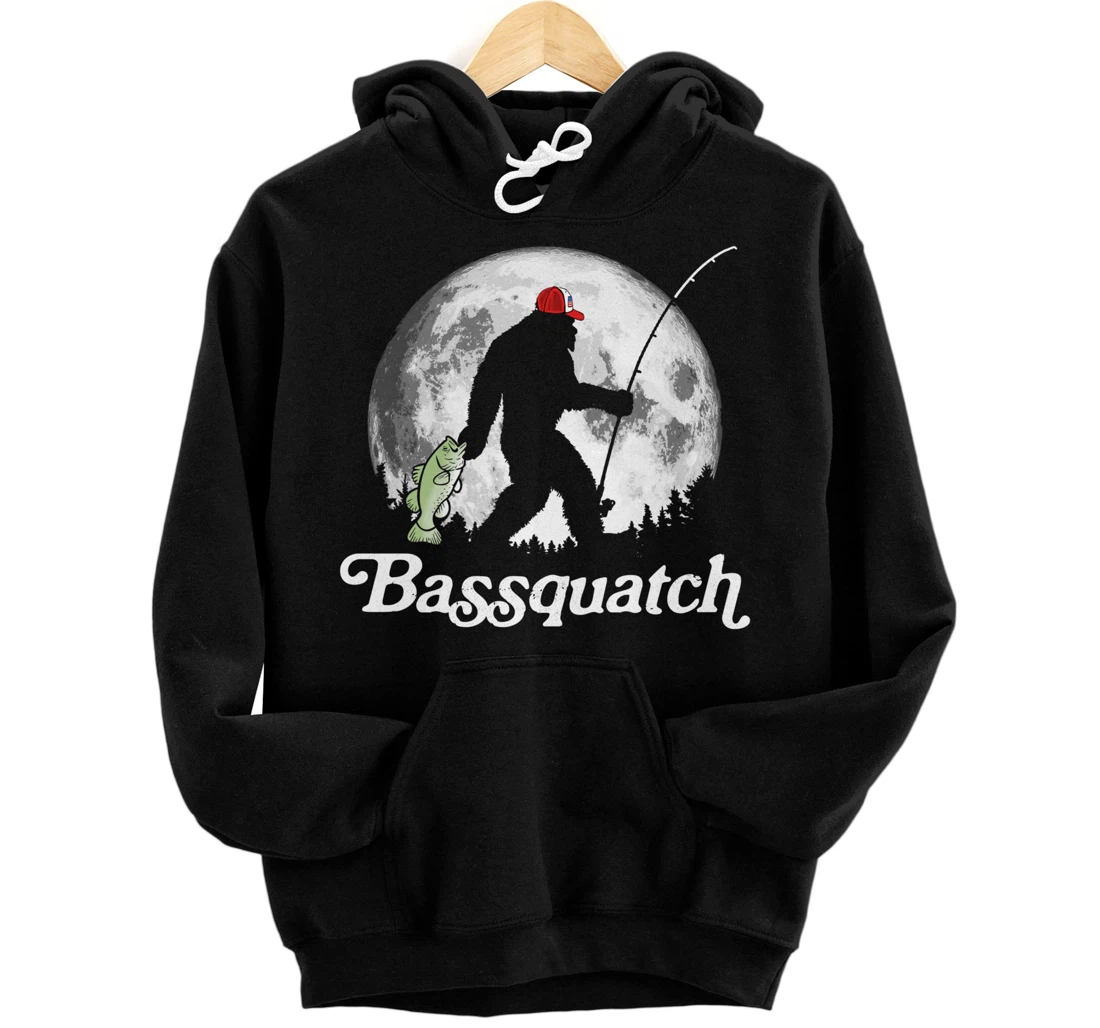 Bassquatch! Funny Bigfoot Night Fishing & Full Moon Pullover Hoodie