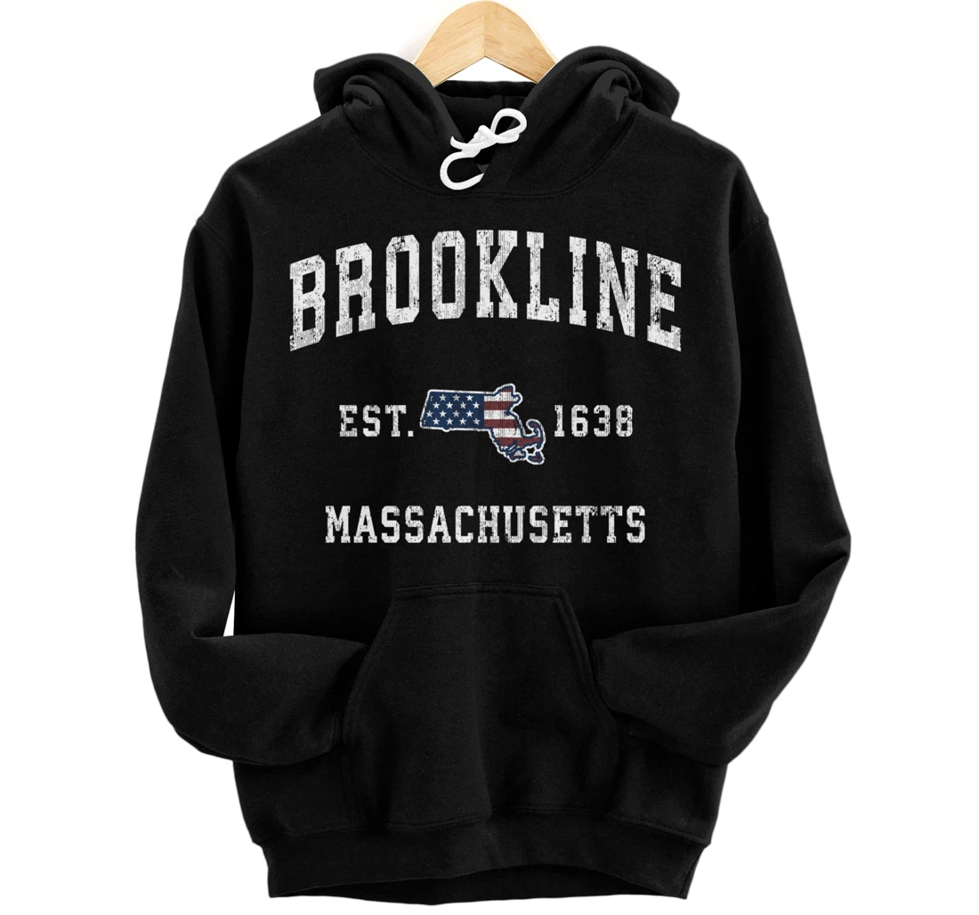 Brookline Massachusetts MA Vintage American Flag Design Pullover Hoodie