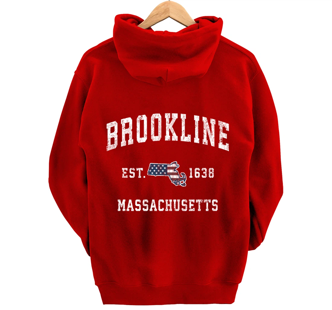 Brookline Massachusetts MA Vintage American Flag Design Pullover Hoodie