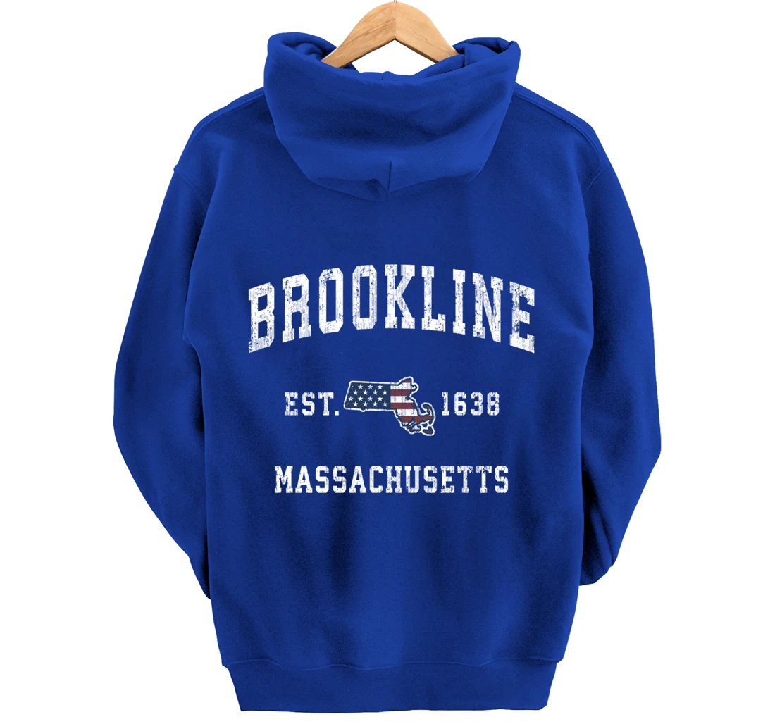 Brookline Massachusetts MA Vintage American Flag Design Pullover Hoodie