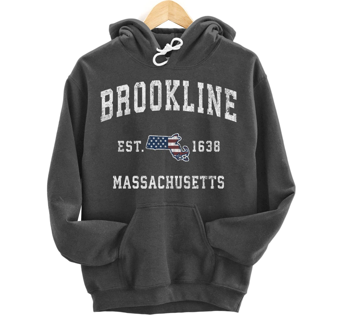 Brookline Massachusetts MA Vintage American Flag Design Pullover Hoodie