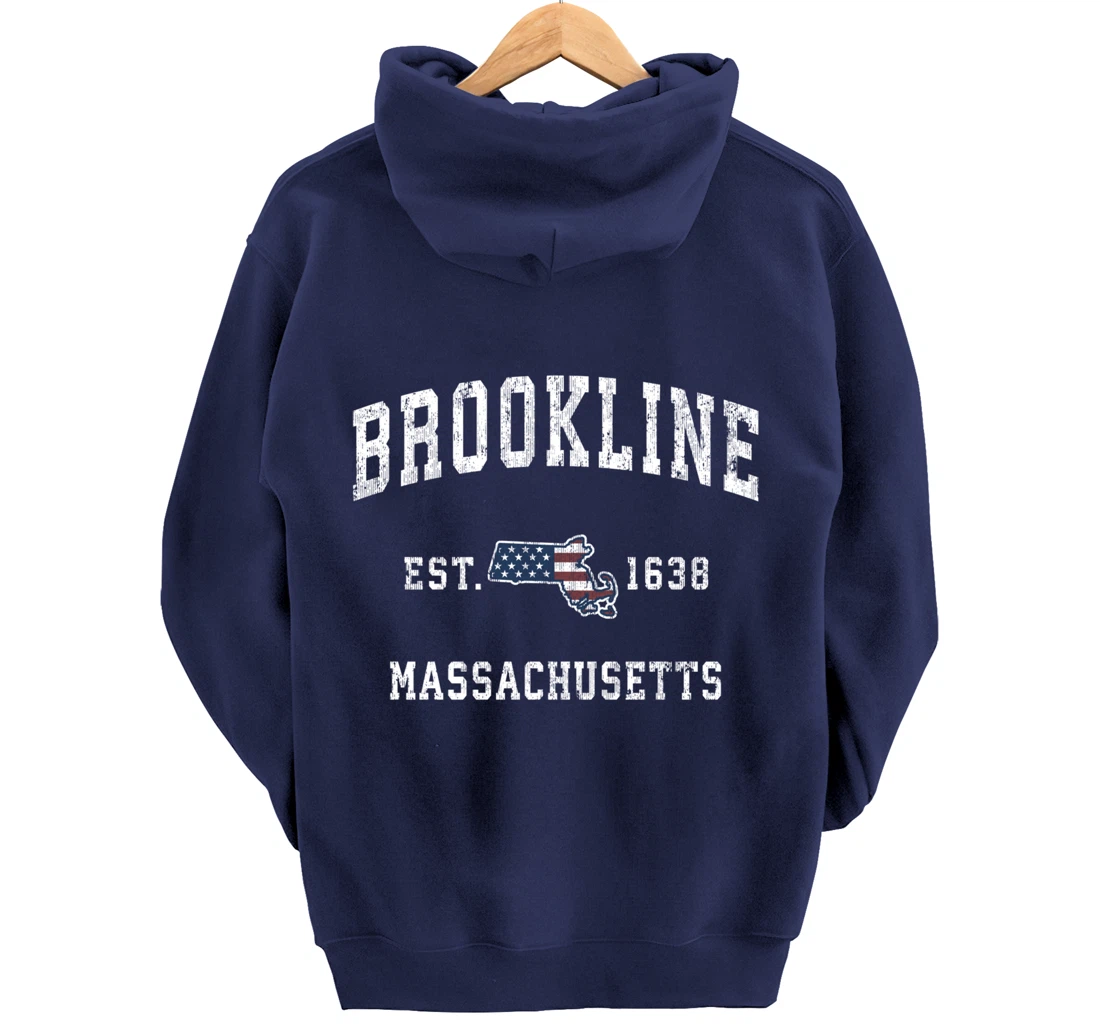 Brookline Massachusetts MA Vintage American Flag Design Pullover Hoodie